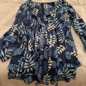 Blue floral fluttery faux-wrap long sleeve mini dress